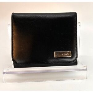 Fendi Black Leather Trifold Wallet GHW Coin Snap Authentic